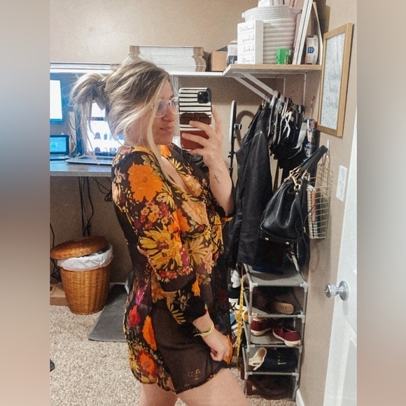 Vintage Y2K Boho Lemon Collection Floral Sheer Deep V Mini Dress Swim coverup - Picture 13 of 16